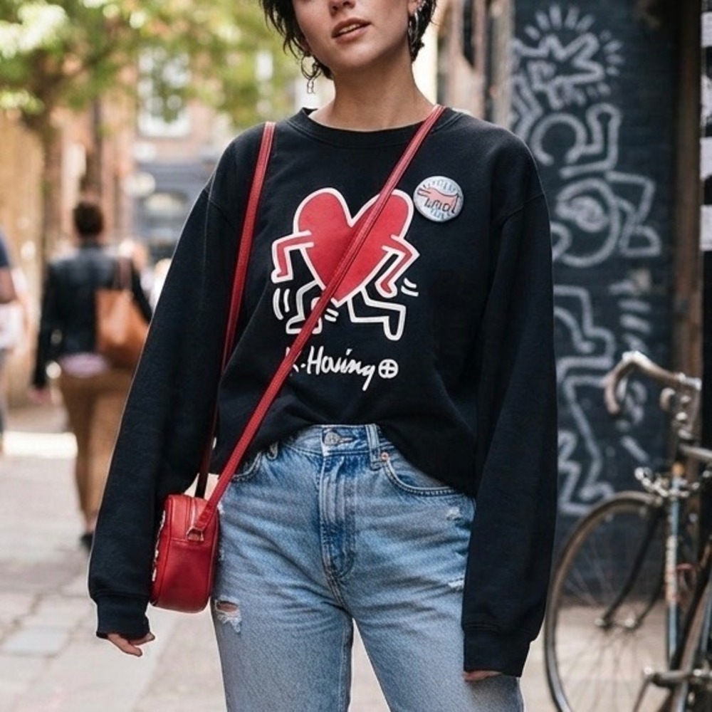 Keith Haring Dancing Heart Graphic Sweatshirt Black XXL Women Streetwear Art